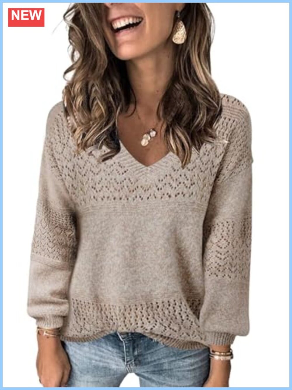 Womens V Neck Long Sleeve Hollow Knit Sweater Crochet Pullover